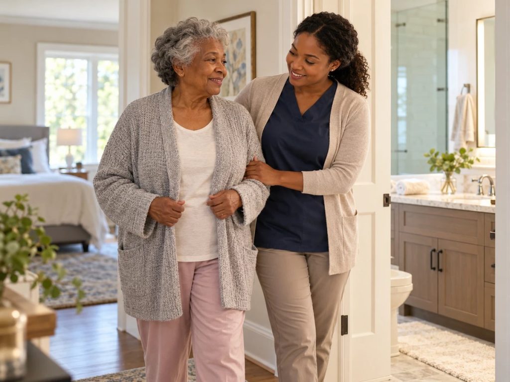 Caregiver supporting an older woman during her personal care routine at home
