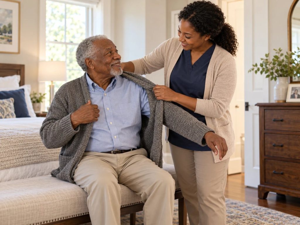 Home caregiver assisting an older man with a cardigan while he gets dressed