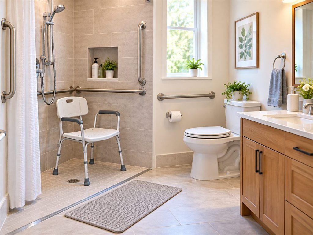 Bathroom with grab bars, a shower chair and a non-slip mat designed to reduce fall risk