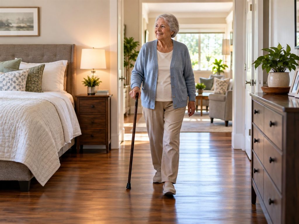 Older woman walking with a cane along a clear hardwood path from the bedroom toward the living area