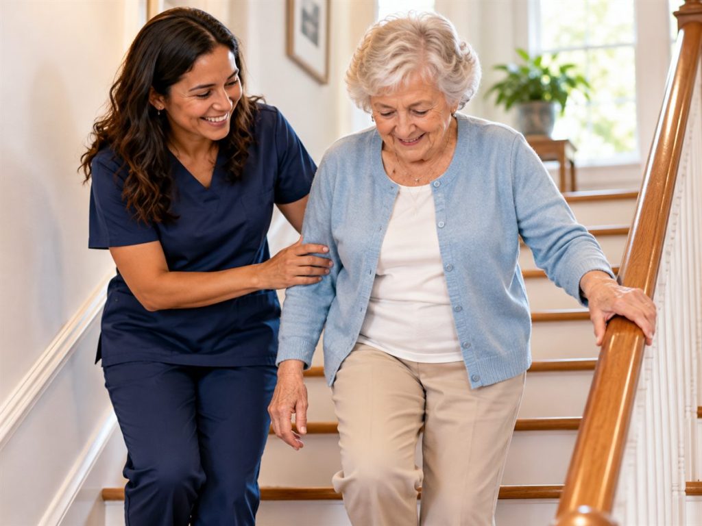 Caregiver supporting an older woman as she walks down a staircase with a handrail