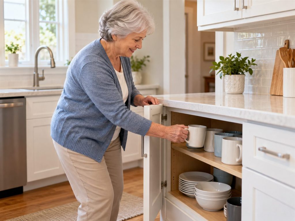 Older woman smiling as she takes a mug from a waist-height shelf in a low kitchen cabinet