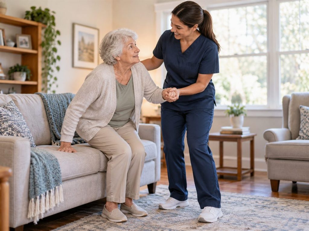 Caregiver steadying an older woman as she stands up from a living room sofa