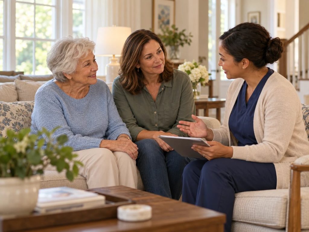 Older woman and family member discussing in-home personal care with a caregiver