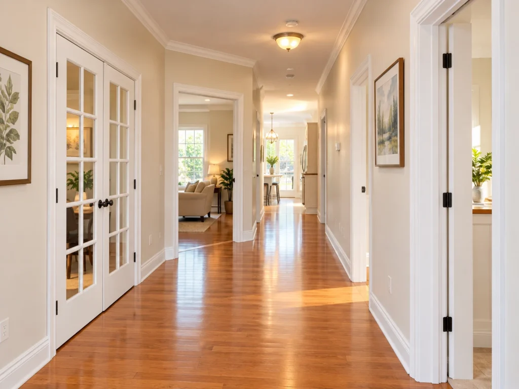 Clear, well-lit hallway with a smooth hardwood floor, no loose rugs and open doorways to the living area and kitchen