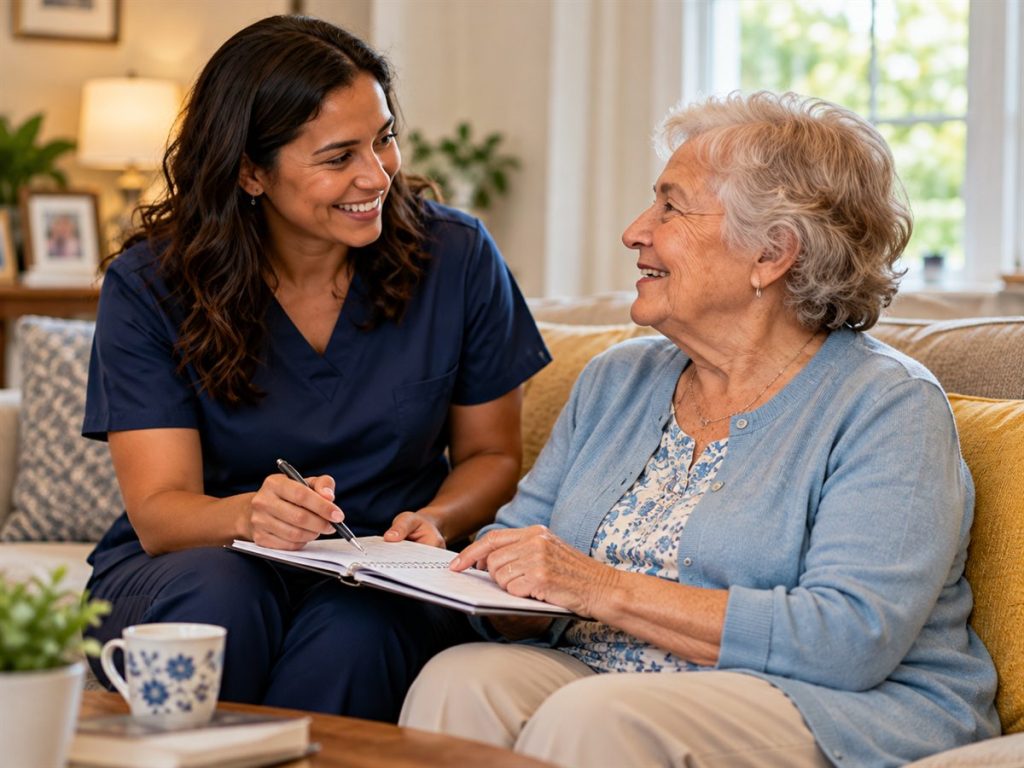 Home caregiver and an older woman reviewing a care notebook together on the living room sofa