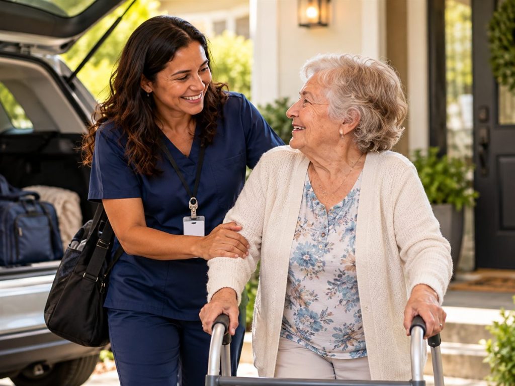 Home care professional helping an older woman with a walker toward her front door after a hospital stay
