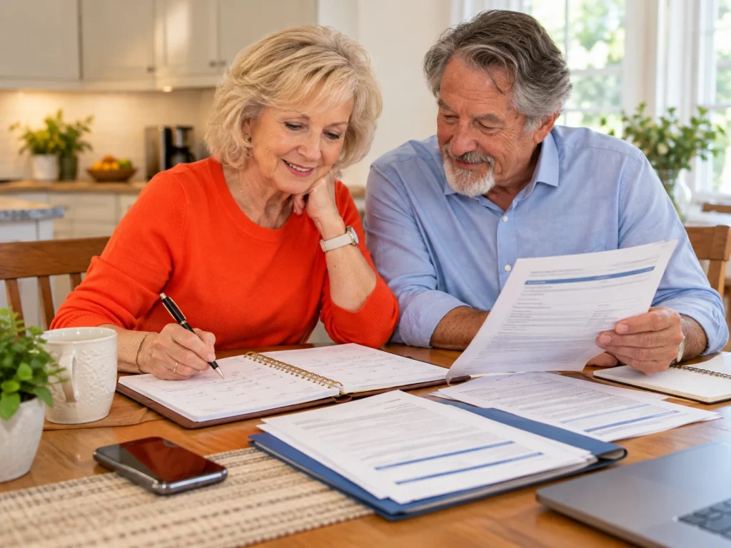 Couple reviewing paperwork and an appointment planner at a kitchen table with a phone nearby