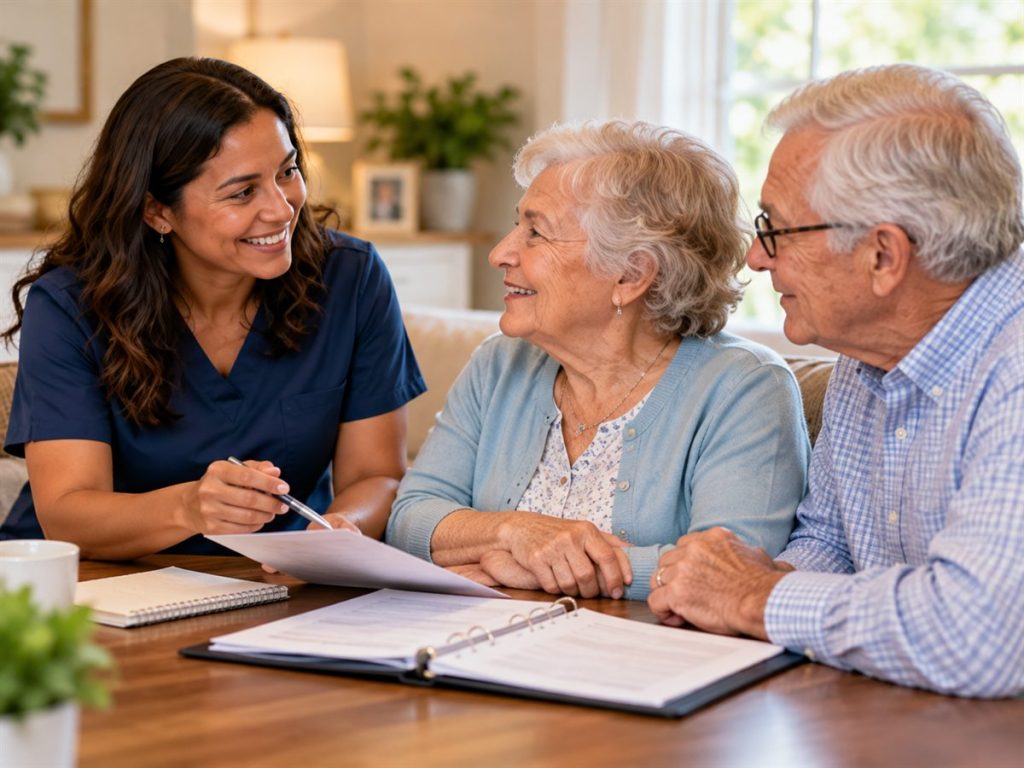 Caregiver reviewing a care plan binder with an older couple at their dining table