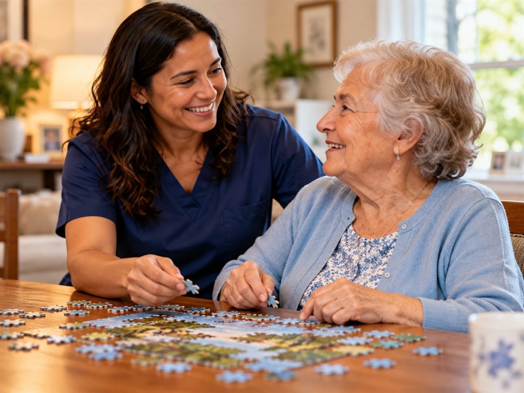 Caregiver and an older woman working on a jigsaw puzzle together at the dining table