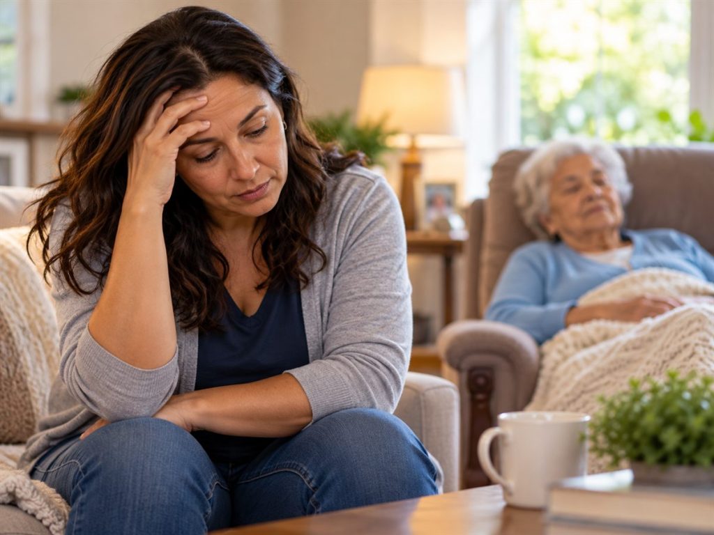 Tired family caregiver resting her head in her hand while her mother rests in an armchair behind her