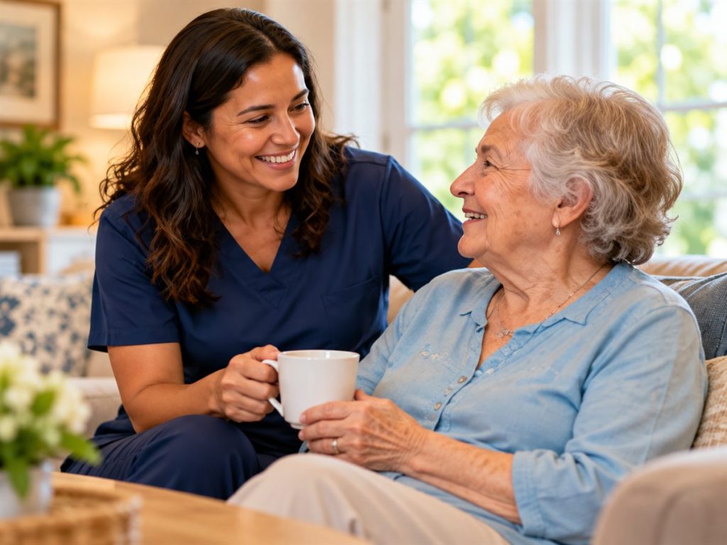 Caregiver sharing a cup of tea and conversation with an older woman in her living room