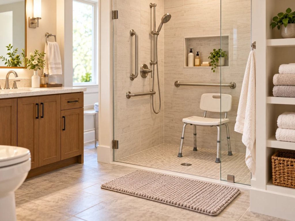 Senior-friendly bathroom with shower grab bars, shower chair, and non-slip flooring